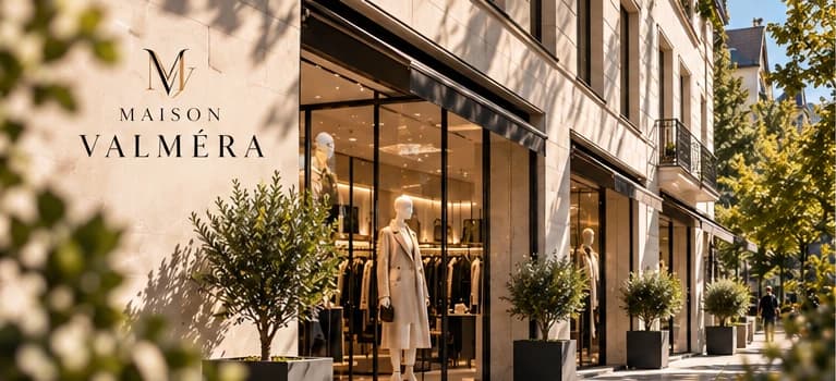 Boutique-Fassade mit großen Schaufenstern und Olivenbäumchen